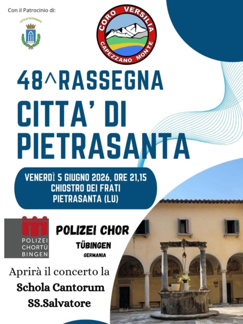 🎶🎵💖🎼

Vi segnaliamo un bell’evento che si terrà questo Venerdì 5 Giugno ore 21:15 presso il Chiostro dei Frati, Pietrasanta.

Canta ed organizza il Coro Versilia col patrocinio del Comune di Pietrasanta.

Si esibiranno in apertura, la Schola Cantorum S.S. Salvatore diretta dal nostro socio Antonio Tommasi a cui seguirà il Coro della Polizia di Tübingen.

L’ingresso è libero.

#coroversilia #pietrasantaeventi #caipietrasanta #coro
