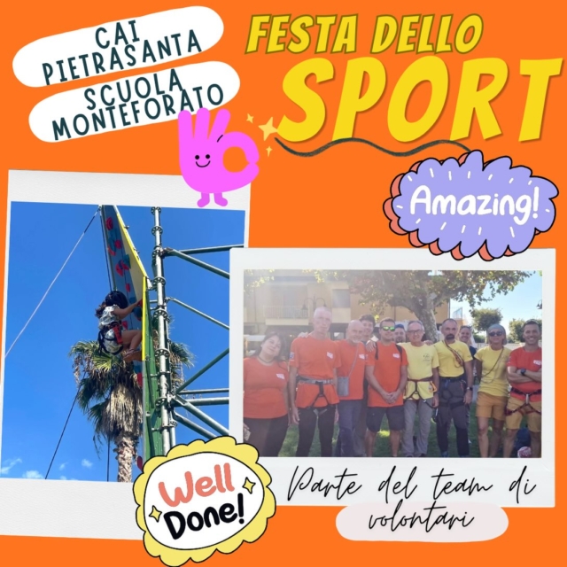 𝓕𝓮𝓼𝓽𝓪 𝓭𝓮𝓵𝓵𝓸 𝓢𝓹𝓸𝓻𝓽

Grazie grazie grazie! 

Che dire, siamo contentissimi della gran partecipazione e dell’interesse mostrato nel corso di questa due giorni dedicata allo Sport!

Un grande ringraziamento va, ovviamente, a tutte e tutti i volontari della Sezione CAI Pietrasanta e della Scuola di Alpinismo Della Monteforato che hanno presieduto il nostro gazebo e la parete di arrampicata allestita per l’occasione.

Un evento che si è svolto sul mare per promuovere le attività del CAI Pietrasanta e della Scuola Monteforato che prediligono le terre alte. 

La sicurezza, i valori e la passione però, non conoscono quota.

Abbiamo in pentola tanti progetti per il futuro, continuate a seguirci e soprattutto, partecipate!

#caipietrasanta #volontariato #festadellosportpietrasanta #festadellosport #pietrasanta