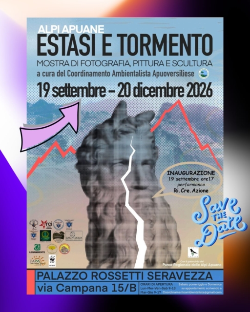 🎨 ᴀʟᴘɪ ᴀᴘᴜᴀɴᴇ: ᴇꜱᴛᴀꜱɪ ᴇ ᴛᴏʀᴍᴇɴᴛᴏ ⛰️

La mostra dal titolo “Alpi Apuane: estasi e tormento”, a cura del Coordinamento Ambientalista Apuo Versiliese, avrà luogo dal:

🗓️19 settembre / 20 dicembre 2026
📍Palazzo Rossetti a Seravezza (LU)
con il patrocinio del Parco delle Alpi Apuane.

👇 INAUGURAZIONE 👇

✨ SABATO 19 SETTEMBRE ORE 17:00 ✨

Una performance del gruppo di artisti Ri.Cre.Azione, del Cantiere Sociale di Viareggio, ci guiderà da piazza Carducci fino all’interno di palazzo Rossetti.

Non mancate!

#estasietormento #mostrapalazzorossetti #seravezza #coordinamentoambientalistaapuoversiliese