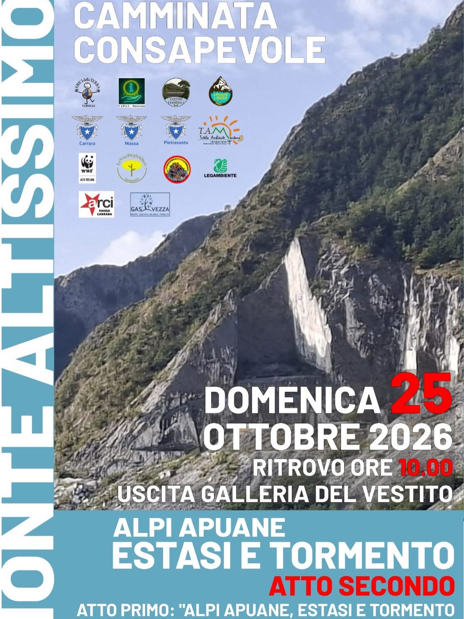 ALPI APUANE ESTASI E TORMENTO
ATTO SECONDO

Domenica 25 Ottobre, in concomitanza con la nostra Castagnata sezionale presso il Rifugio Puliti, si terrà una camminata consapevole.

L’escursione è organizzata da Apuane
Libere, Amici della Terra, ARCI Massa Carrara, CAl Carrara, CAl Massa, CAl Pietrasanta, Comitato Custodi della Ceragiola, Comitato per la chiusura della ex Cava Fornace, Comitato Ugo Pisa, Gasvezza, La Voce degli Alberi, Legambiente Carrara, Legambiente
Versilia, WWF Alta Toscana, per conoscere e tutelare un’area delle Alpi Apuane che è Estasi per la sua bellezza e per la ricchezza della sua biodiversità, e
Tormento per la depredazione in atto dei suoi marmi e ancora più per quella annunciata come imminente.

PERCORSO (andata e ritorno)
Lunghezza: 6,5 km
Dislivello: +/- 200 m
Tempo di percorrenza: 4 ore comprese le soste, in cui parleremo dei pregi di questo territorio e degli scempi annunciati.
ABBIGLIAMENTO e DOTAZIONI
Scarpe con suola incisa e abiti ‘a cipolla’.
Utili giacca/mantellina antipioggia, cappello, occhiali da sole.
Snack e frutta secca, acqua a sufficienza, pranzo al sacco.

L’ESTASI
Il monte Altissimo non arriva ai 1600 metri, ma la sua posizione e la relativa vicinanza al mare ne accrescono l’imponenza e la visibilità. Regala affacci sulle affascinanti cime delle Apuane massesi e viste inaspettate sul Monte Fiocca. Man mano che si guadagna quota l’orizzonte si allarga e aumenta la consapevolezza di essere in un luogo speciale da proteggere e salvaguardare..
IL TORMENTO
Sull’Altissimo sono particolarmente evidenti le ferite prodotte dalle cave: nel versante sud sulle Cervaiole con la distruzione del Picco di Falcovaia, a nord in particolare l’area a ridosso del Canale delle Gobbie, una zona carsica con presenza di numerose grotte di interesse speleologico.

Sembra che lo scopo dell’amministrazione
Alessandrini al Comune di Seravezza sia di aprirvi più cave possibili, mediante un Piano che definisce il monte “a vocazione espressamente estrattiva”.
(Segue nei commenti al post)